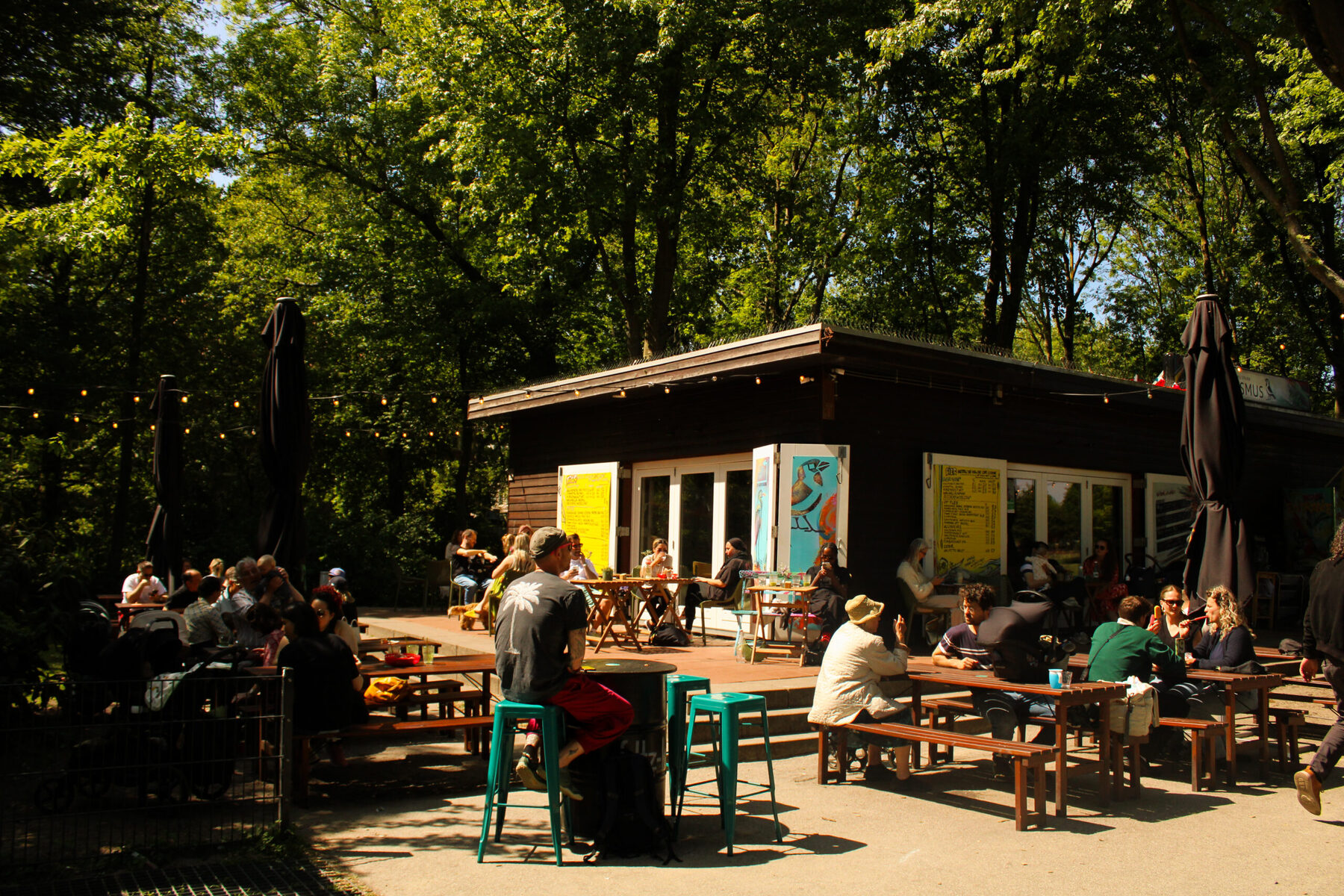 Het houten paviljoen van Terrasmus tussen de bomen van het Erasmuspark, met een vol terras